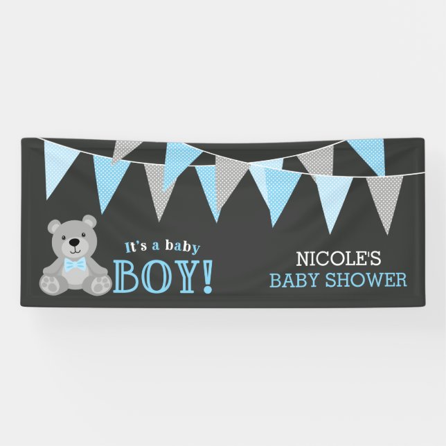 Chalkboard Gray Teddy Bear Boy Baby Dusche Banner (Horizontal)