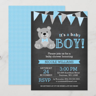 Chalkboard Gray Teddy Bear Boy Baby Dusche Einladung