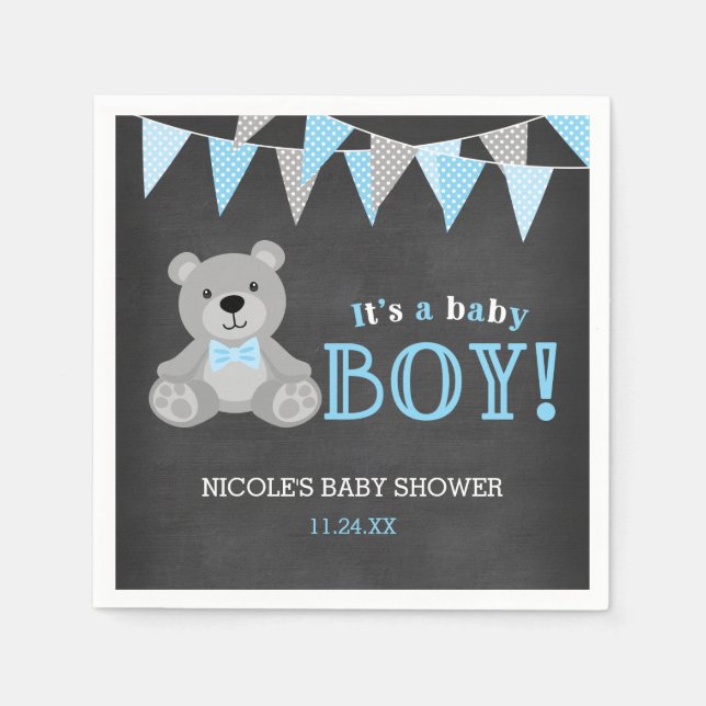 Chalkboard Gray Teddy Bear Boy Baby Dusche Serviette (Vorderseite)