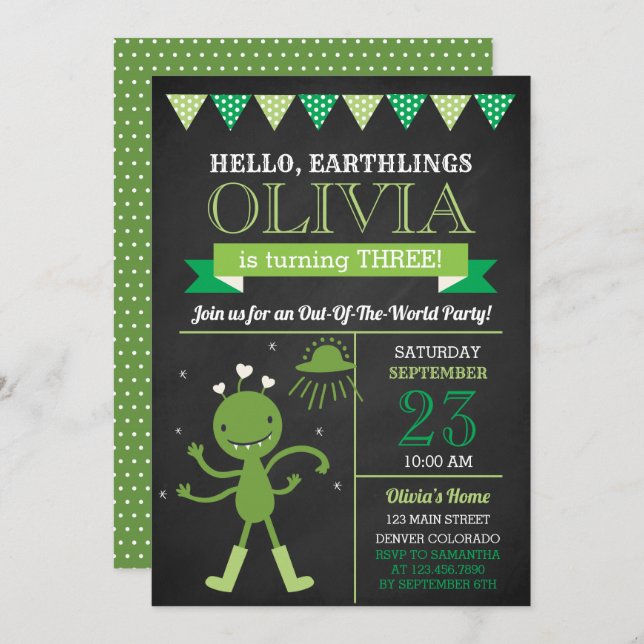 Chalkboard Green Alien Birthday Party Einladung (Vorne/Hinten)