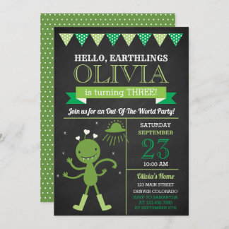 Chalkboard Green Alien Birthday Party Einladung