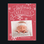 Chalkboard Greetings Collection Feiertagspostkarte<br><div class="desc">Die elegante und schicke Postkarte des Fotos mit handgeschriebenem Kunstwerk und Schneeflocken auf festlichem,  rotem Hintergrund. Fügen Sie Ihre Rücksendeadresse auf die Rückseite und eine benutzerdefinierte Nachricht.</div>
