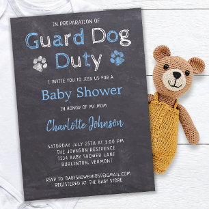Chalkboard Guard Dog Duty Blue Boy Baby Dusche Einladung