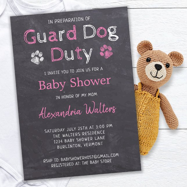 Chalkboard Guard Dog Duty Pink Girl Baby Dusche Einladung (Von Creator hochgeladen)