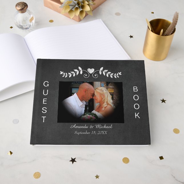 Chalkboard Heart Scroll Wedding Gästebuch (Vorderseite Offen)