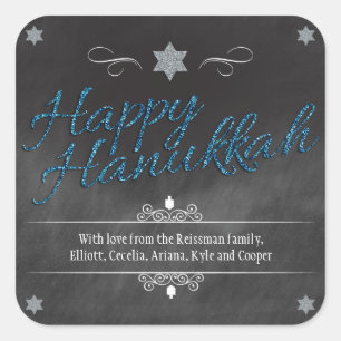 Chalkboard-Imitate BlueGlitter Hanukkah Quadratischer Aufkleber