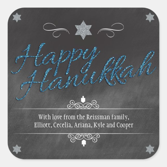 Chalkboard-Imitate BlueGlitter Hanukkah Quadratischer Aufkleber (Vorderseite)