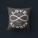 Chalkboard Infinity Liebe Hochzeitstag und Namen Kissen<br><div class="desc">Feiern Sie mit diesem individuell gestaltbaren Kissen die unendliche Liebe zwischen Braut und Bräutigam! Ein weißes Kreidesymbol und "Liebe immer"-Text umschließen die Namen eines Paares und das Hochzeitdatum auf schwarzem Chalkboard-Hintergrund. Es ist ein wunderschönes,  modernes,  personalisiertes Geschenk.</div>