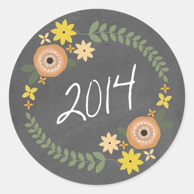 Chalkboard Inspiriert Orange Floral Wreath 2014 Gr Runder Aufkleber (Vorderseite)