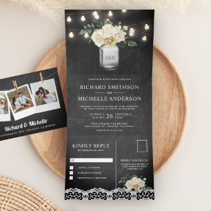 Chalkboard Ivory Floral Mason Jar Lights Hochzeit Dreifach Gefaltete Einladung