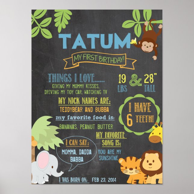Chalkboard Jungle Party personalisiert 1-jähriges  Poster (Vorne)
