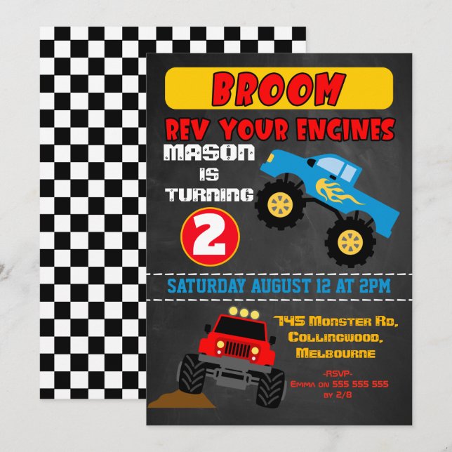 Chalkboard-Jungs-Monster-LKWs Geburtstagseinladung Einladung (Vorne/Hinten)