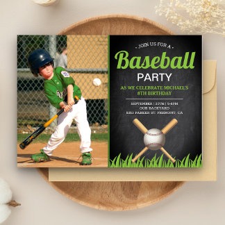 Chalkboard Kids Baseball Geburtstagsparty Foto Einladung