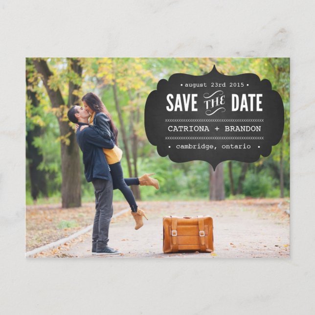 Chalkboard Label-Foto Save the Date Postkarte (Vorderseite)