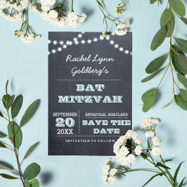 Chalkboard Lights Aqua Bat Mitzvah Save the Date Ankündigungspostkarte