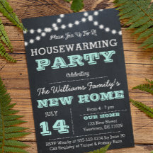 Chalkboard Lights Aqua Housewärming Einladungen