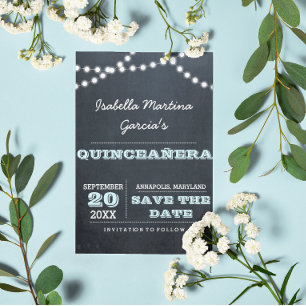 Chalkboard Lights Aqua Quinceañera Save the Date Ankündigungspostkarte
