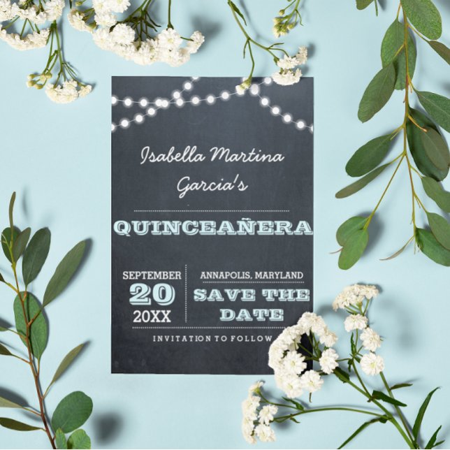 Chalkboard Lights Aqua Quinceañera Save the Date Ankündigungspostkarte (Von Creator hochgeladen)