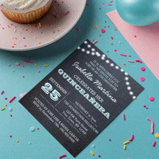 Chalkboard Lights Aqua Quinceñera Einladung