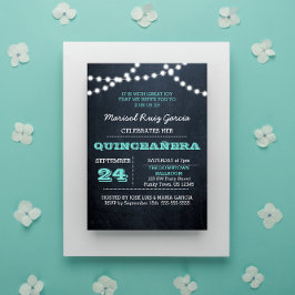 Chalkboard Lights Aquamarin Quinceañera Einladung