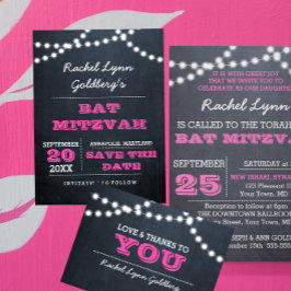 Chalkboard Lights Dark Pink Bat Mitzvah Rett Date Ankündigungspostkarte