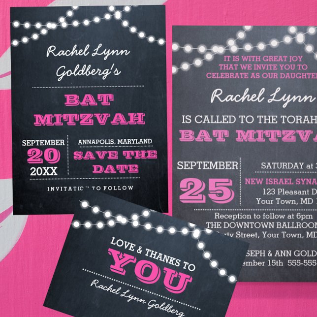 Chalkboard Lights Dark Pink Bat Mitzvah Vielen Dan Dankeskarte (Von Creator hochgeladen)