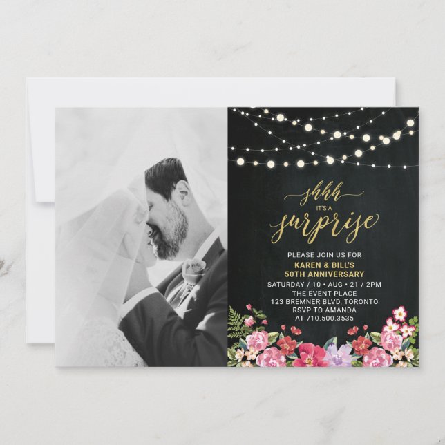 Chalkboard & Lights Foto 50. Hochzeitstag Einladung (Vorderseite)