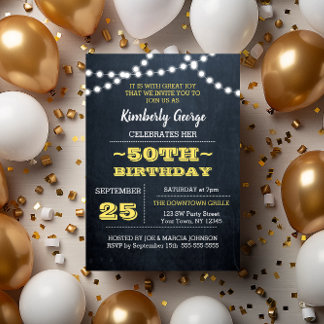 Chalkboard Lights Gold 50. Geburtstag Einladung