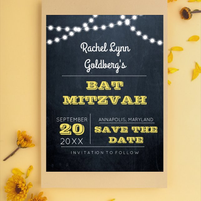 Chalkboard Lights Golden Bat Mitzvah Save the Date Ankündigungspostkarte (Von Creator hochgeladen)