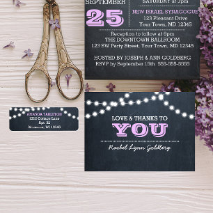 Chalkboard Lights Lilac Bat Mitzvah Vielen Dank Dankeskarte