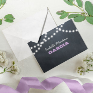 Chalkboard Lights Lilac Quinceñera Note Card Einladung