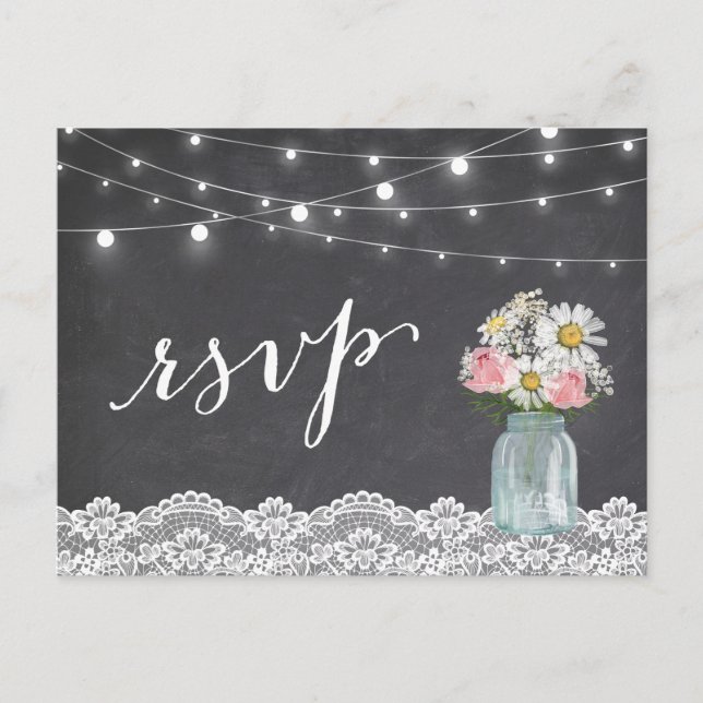 Chalkboard Lights Mason Jar Floral Wedding RSVP Einladungspostkarte (Vorderseite)