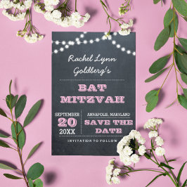 Chalkboard Lights Pink Bat Mitzvah Save the Date Ankündigungspostkarte
