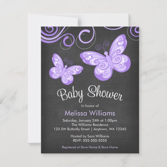 Chalkboard Lila Butterfly Wirbel Babydusche Einladung (Vorderseite)