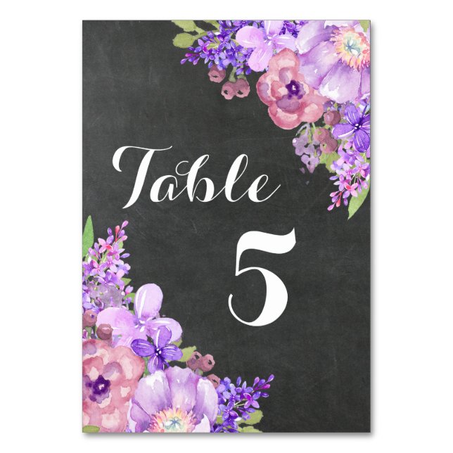 Chalkboard Lila Floral Wedding Tischnummer (Vorderseite)