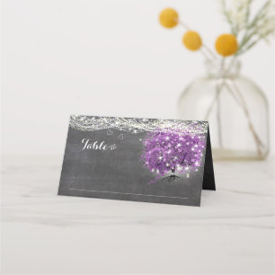 Chalkboard Lila Heart Leaf Tree Wedding Platzkarte