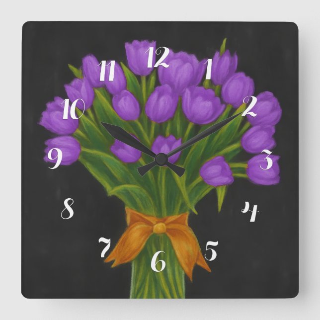 Chalkboard Lila Tulips Quadratische Wanduhr (Vorderseite)