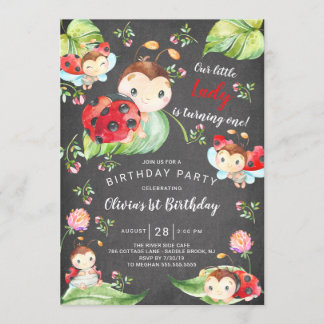 Chalkboard Little Lady Ladybug 1. Geburtstag Einladung