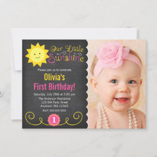 Chalkboard Little Sunshine Pink Yellow Birthday Einladung