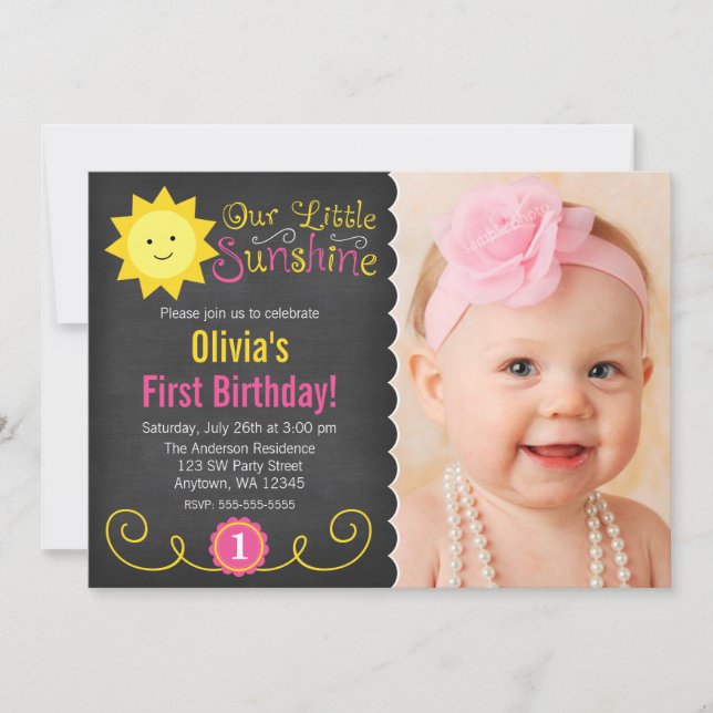 Chalkboard Little Sunshine Pink Yellow Birthday Einladung (Vorderseite)