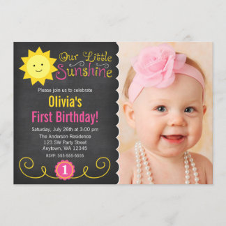 Chalkboard Little Sunshine Pink Yellow Birthday Einladung