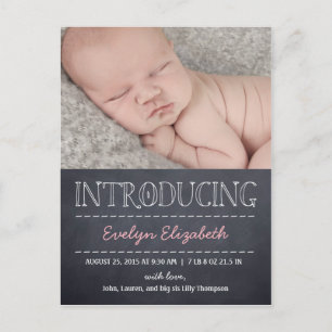 Chalkboard Look Birth Announcement - Pink Ankündigungspostkarte