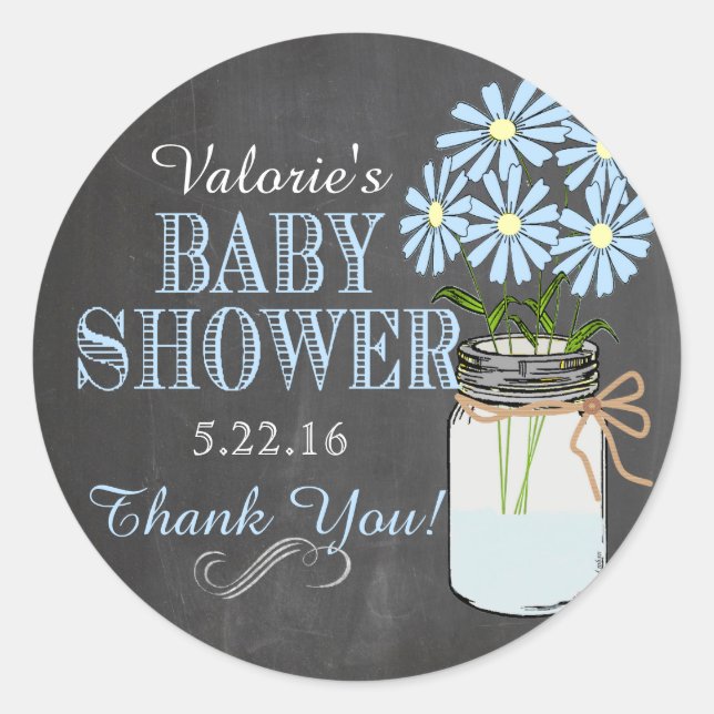 Chalkboard Look Mason Jar Blue Flowers Babydusche Runder Aufkleber (Vorderseite)