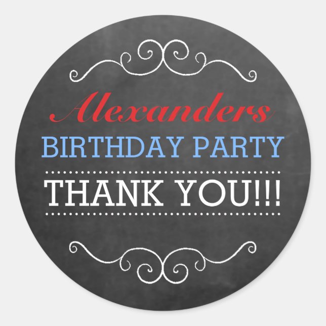 Chalkboard Look Red Blue Birthday Party Runder Aufkleber (Vorderseite)