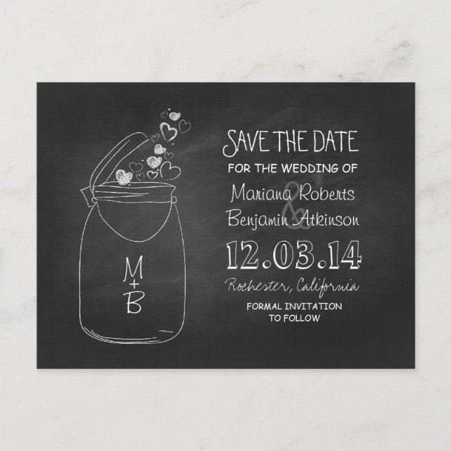 Chalkboard Mason Glas rustikal Save the Date schwa Ankündigungspostkarte (Vorderseite)