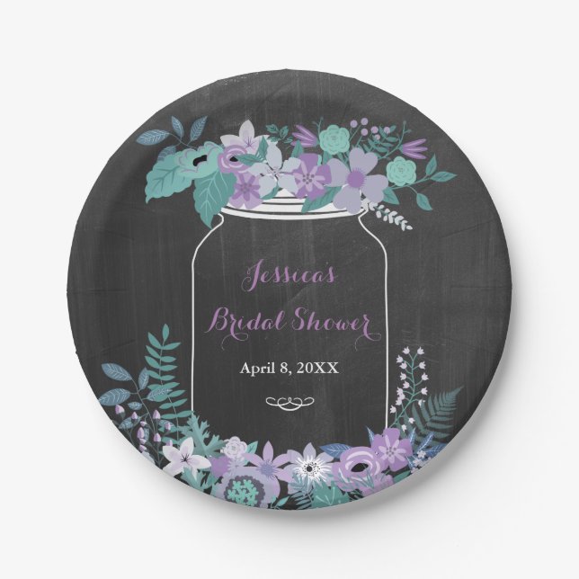 Chalkboard Mason Jar Lila florales Brautparty Pappteller (Vorderseite)
