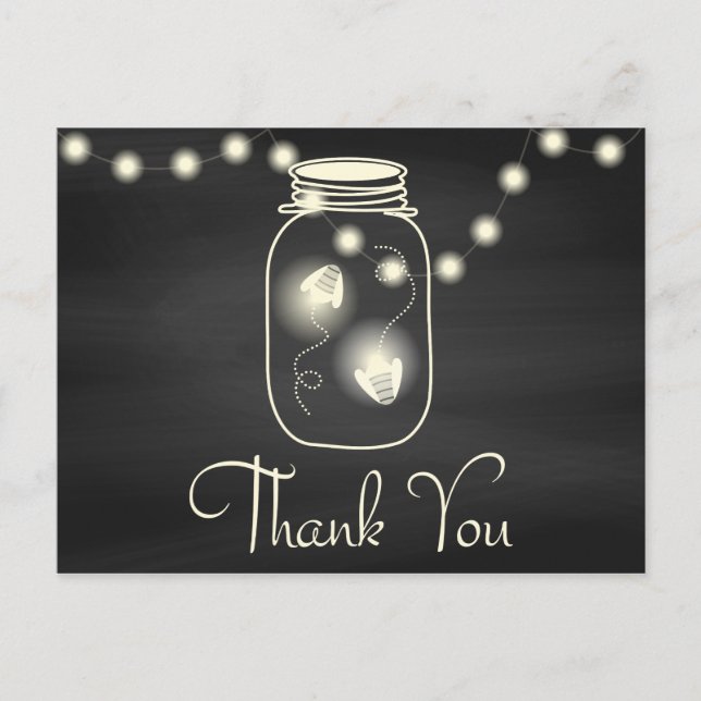 Chalkboard Mason Jar mit Fireflies Wedding Danke Postkarte (Vorderseite)