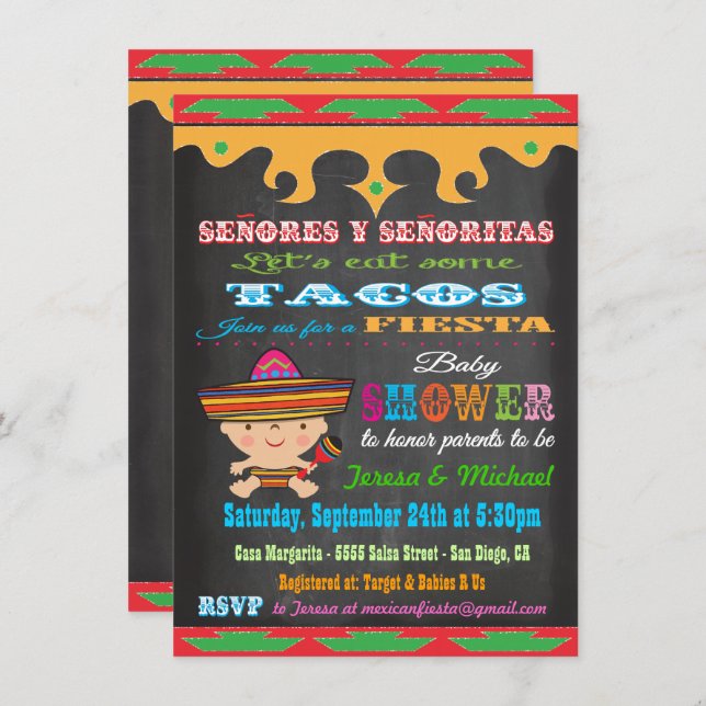 Chalkboard Mexican Fiesta Baby Shower Einladungen (Vorne/Hinten)