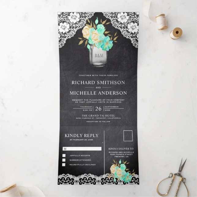 Chalkboard Mint floral Mason Jar Lace Wedding Dreifach Gefaltete Einladung (Innenseite)
