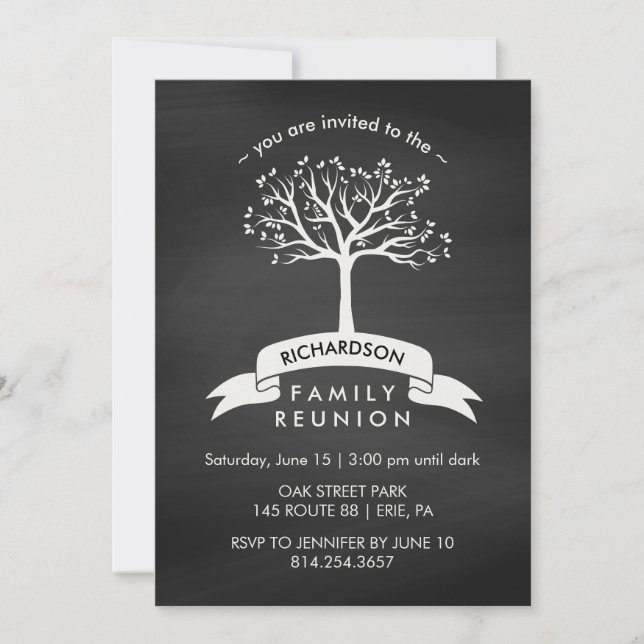 Chalkboard mit Banner und Tree Family Wiedersehen Einladung (Vorderseite)
